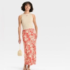 NWOT A New Day Rust Red‎ Leaf Print Midi Skirt Size XL High Slit A-Line